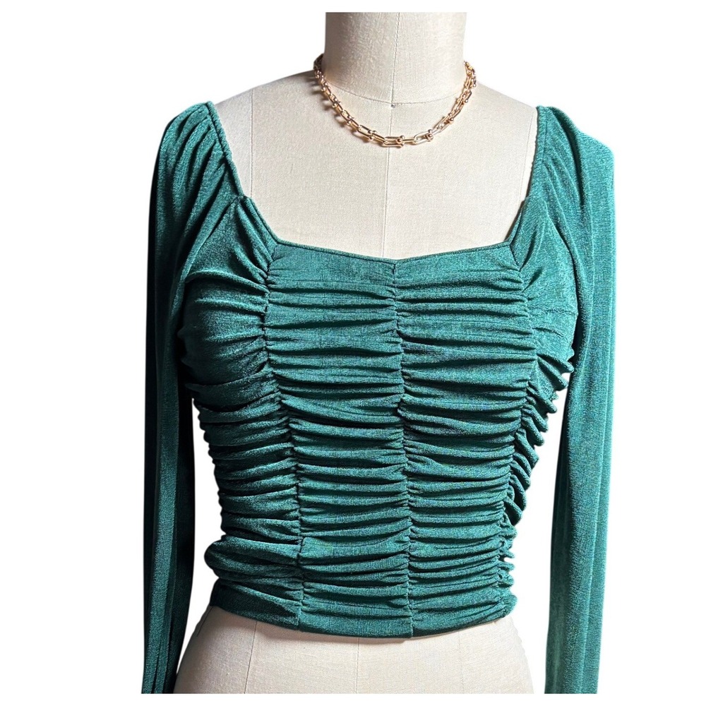 Ragdoll Ruched Top Womens Small Teal Green Metallic Long Sleeve Square Neck